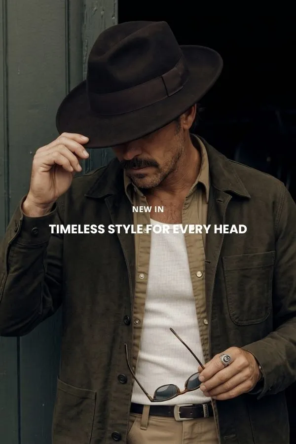 Ein Mann sitzt auf einer Holzkiste in einem Studio und trägt einen klassischen braunen Cowboyhut aus Filz mit breiter Krempe, ein dunkles Denimhemd und Jeans.